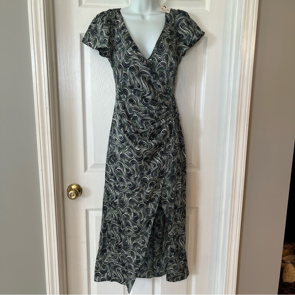 Cinq A Sept Kacydie Dress Abstract Slit Midi Blue Green Womens Size 0 NEW